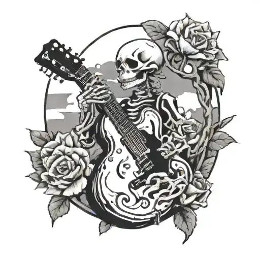 skeleton arm holding guitar to sky tattoo design idea