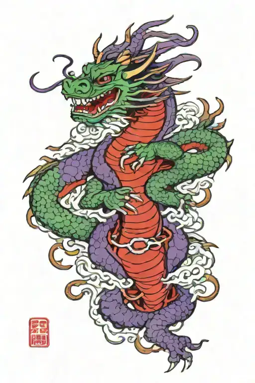 Purple and green dragon with red samurai tattoo design idea