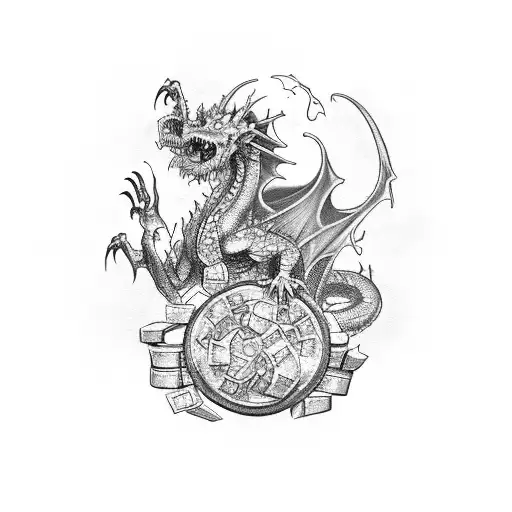 A zombie dragon guarding a treasure hoard of money tattoo design idea