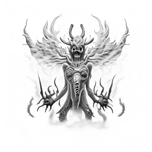A mythical creature made of fire and money, surrounded by zombie silhouettes tattoo design idea