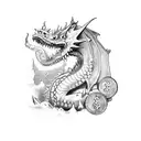 A zombie dragon guarding a treasure hoard of money tattoo design idea