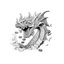 A zombie dragon guarding a treasure hoard of money tattoo design idea