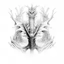 An AI developer transforming into a zombie dragon amidst a forest of money trees tattoo design idea