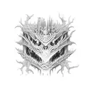 An AI developer transforming into a zombie dragon amidst a forest of money trees tattoo design idea