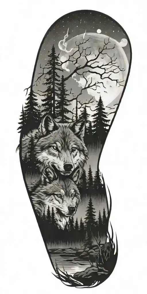 woods, lone wolf, open night sky tattoo design idea
