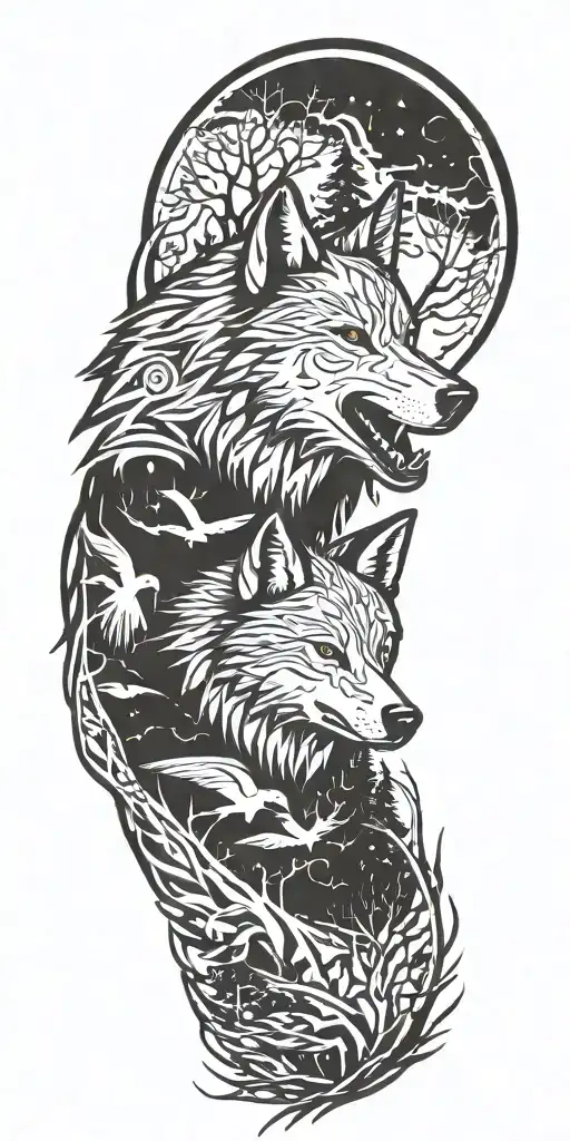 lone wolf, trees, wings tattoo design idea