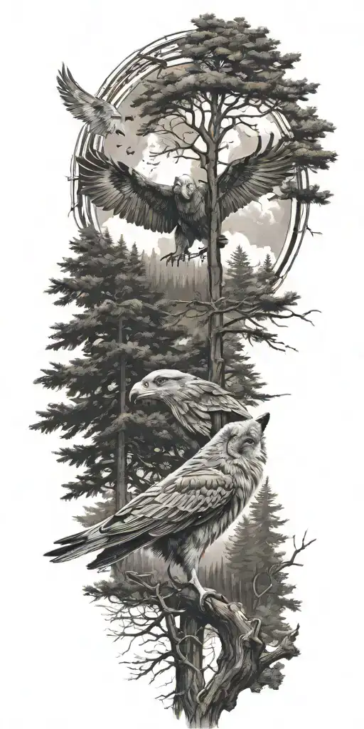 lone wolf, trees, wings, cross tattoo design idea