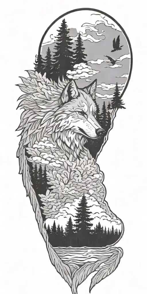 lone wolf, trees, wings tattoo design idea