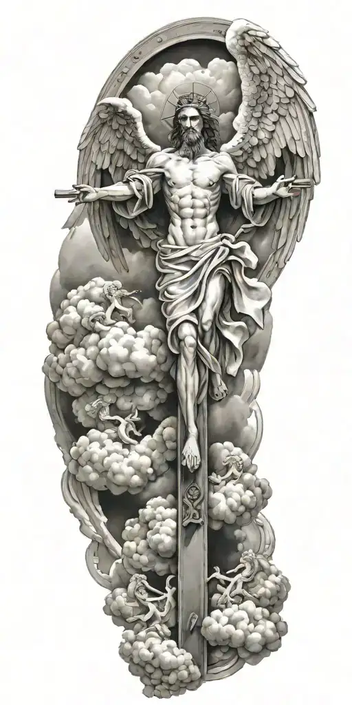 cross, angels, clouds tattoo design idea