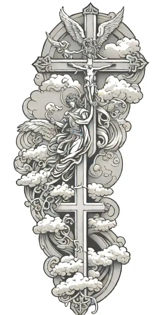 cross, angels, clouds tattoo design idea