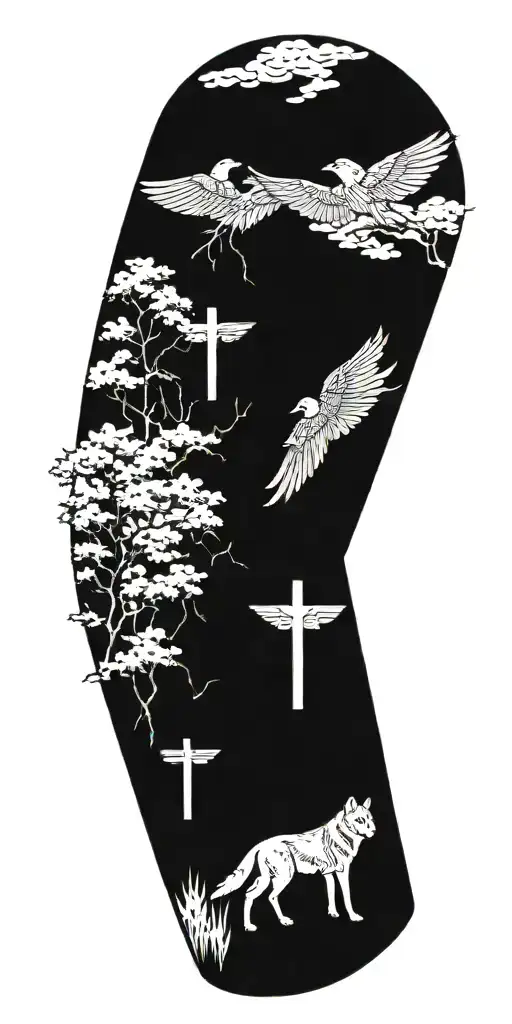 trees, wings, cross, wolf tattoo design idea