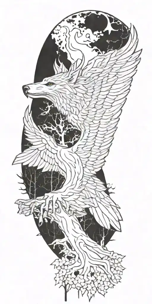 lone wolf, trees, wings, religous cross tattoo design idea