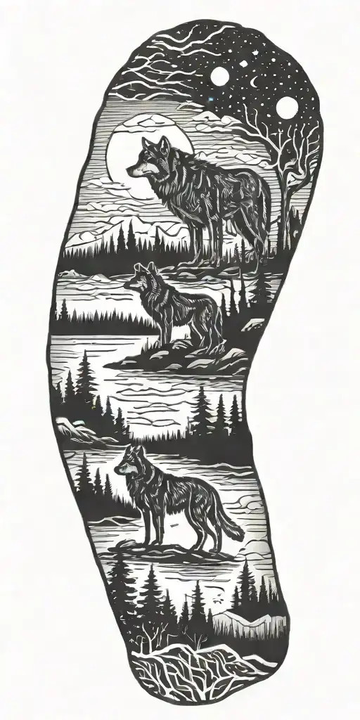 woods, lone wolf, open night sky tattoo design idea