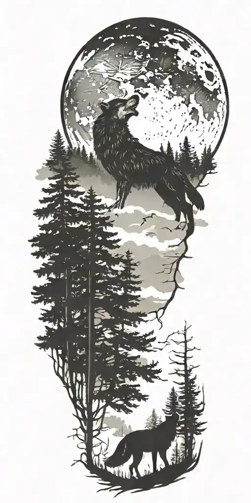 wolf howling to the moon over woods with an eagle flying tattoo design idea