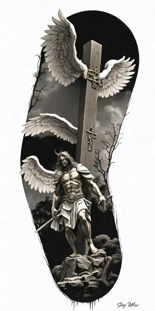 angel warrior behind a cross above trees tattoo design idea