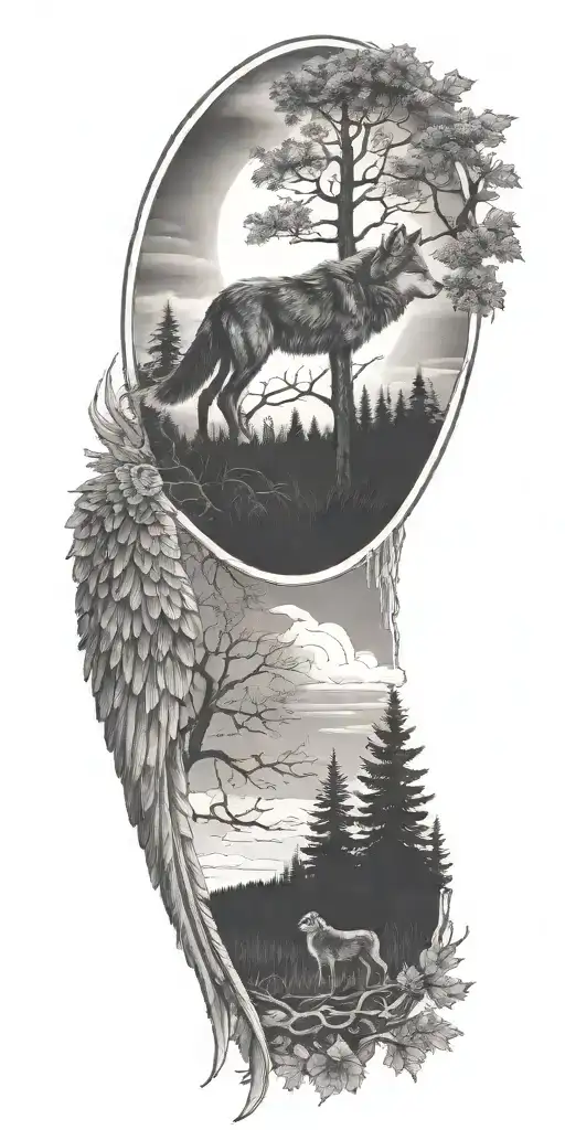 lone wolf, trees, wings, cross tattoo design idea