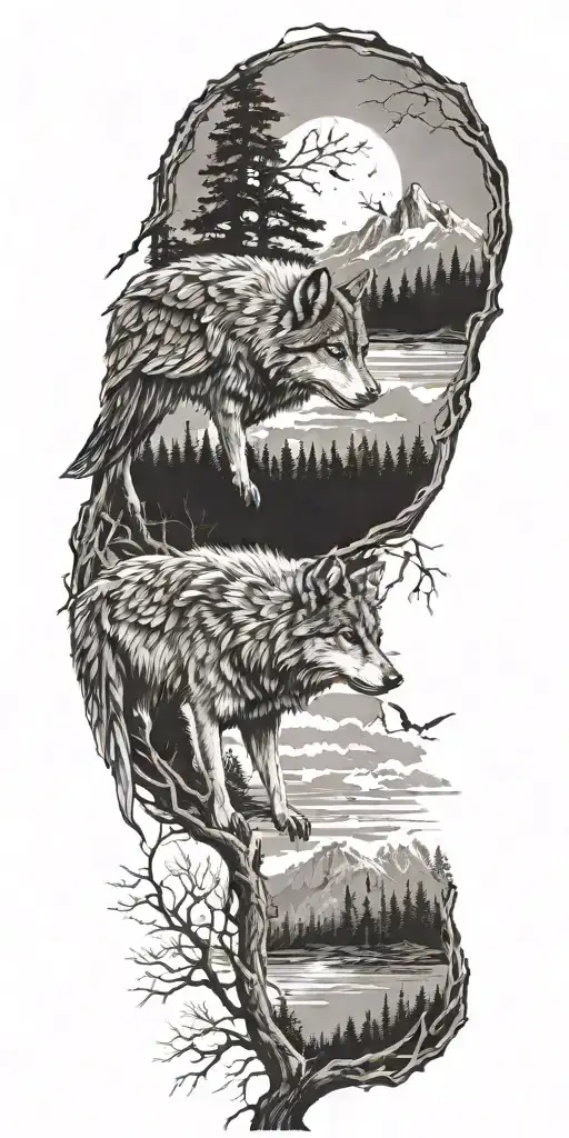 lone wolf, trees, wings, religous cross tattoo design idea
