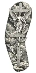 cross, angels, clouds tattoo design idea