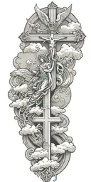 cross, angels, clouds tattoo design idea