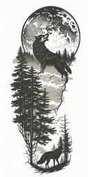 wolf howling to the moon over woods with an eagle flying tattoo design idea