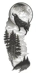 wolf howling to the moon over woods with an eagle flying tattoo design idea