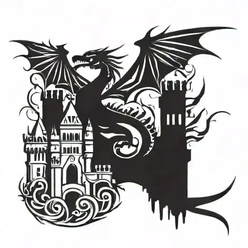 castle and dragon flying tattoo design idea
