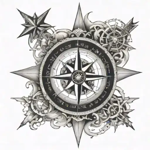 compass star with sydney, london, manhattan lat and long around in a circle tattoo design idea