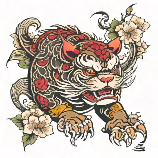 fu dog with koi and cherry blossoms tattoo design idea