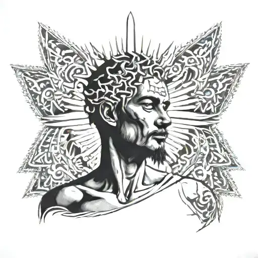 A man with a white tunica and instead of a normal head he has a sun  tattoo design idea
