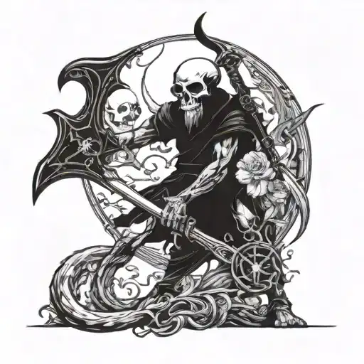 in the foreground is a messenger of death with a scythe in his left hand and scales in his right hand, in the background tattoo design idea