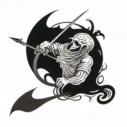 in the foreground is a messenger of death with a scythe in his left hand and scales in his right hand, in the background tattoo design idea
