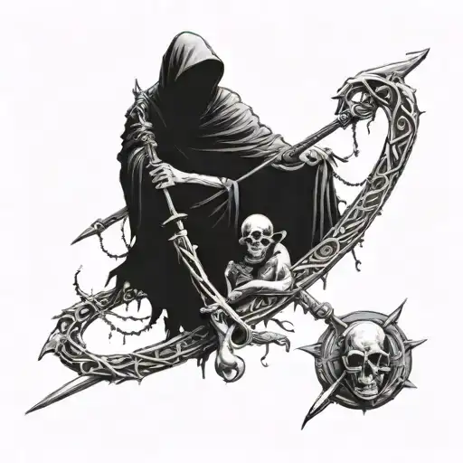 in the foreground is a messenger of death with a scythe in his left hand and scales in his right hand, in the background tattoo design idea