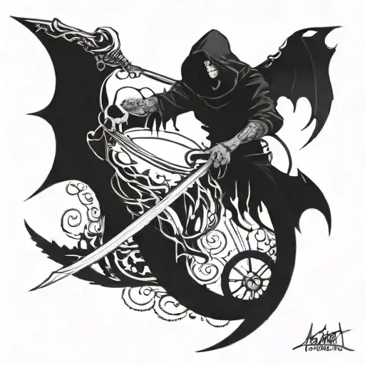 in the foreground is a messenger of death with a scythe in his left hand and scales in his right hand, in the background tattoo design idea