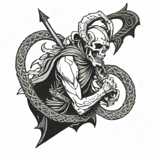 in the foreground is a messenger of death with a scythe in his left hand and scales in his right hand, in the background tattoo design idea