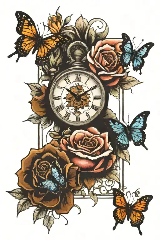 clock, butterfly, lion, cross, roses tattoo design idea