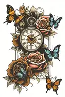 clock, butterfly, lion, cross, roses tattoo design idea