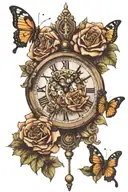 clock, butterfly, lion, cross, roses tattoo design idea