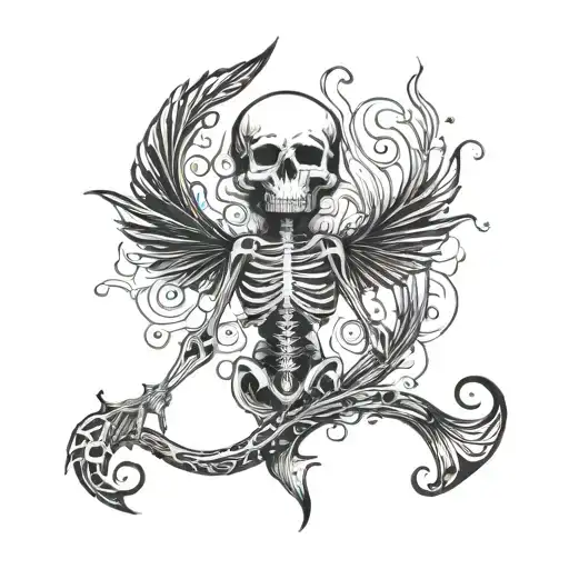 lower back mermaid skeleton smoking tattoo design idea