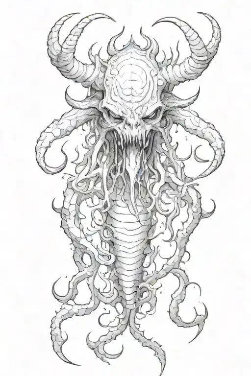 Creepy marine creature, with demon-like features, horns, and gore elements. tattoo design idea
