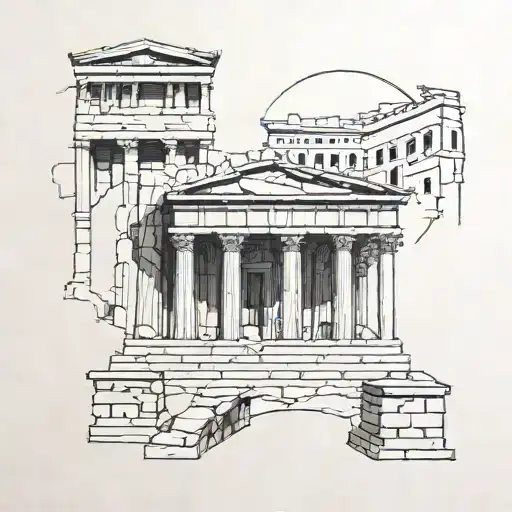 Ancient Greek ruins intertwined with modern buildings to symbolize the builder's love for Greece and construction work tattoo design idea