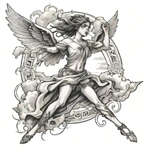 female angle flying with arms up with thorn cross at ankles and at there hands clouds around her tattoo design idea
