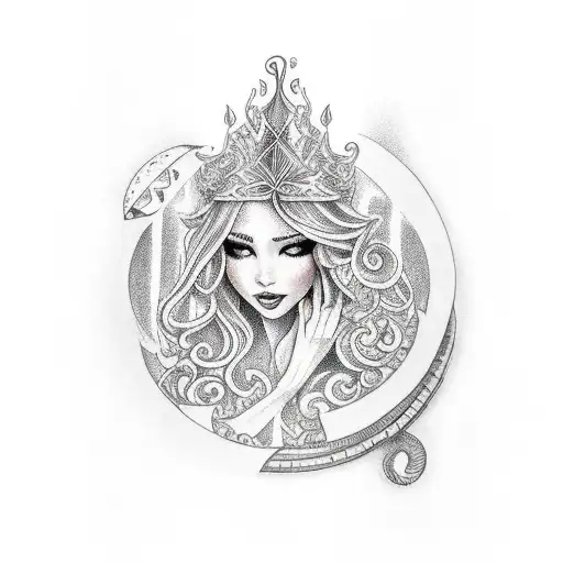 elf queen with curly blonde hair, sitting in a rocking chair reading a book  tattoo design idea