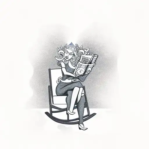 elf queen with curly blonde hair, sitting in a rocking chair reading a book  tattoo design idea