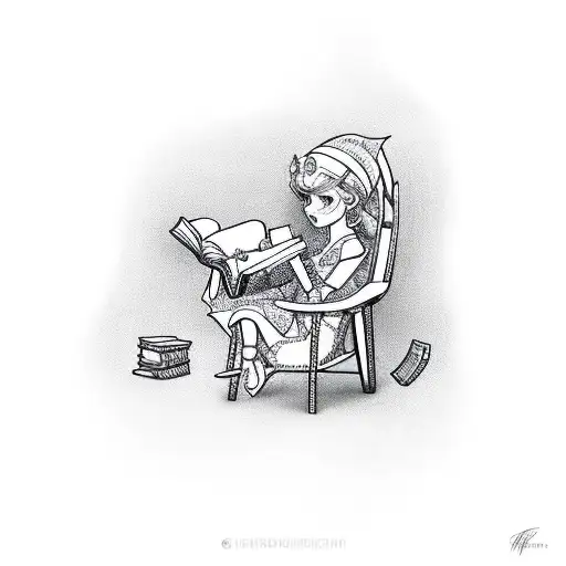 elf queen with curly blonde hair, sitting in a rocking chair reading a book  tattoo design idea