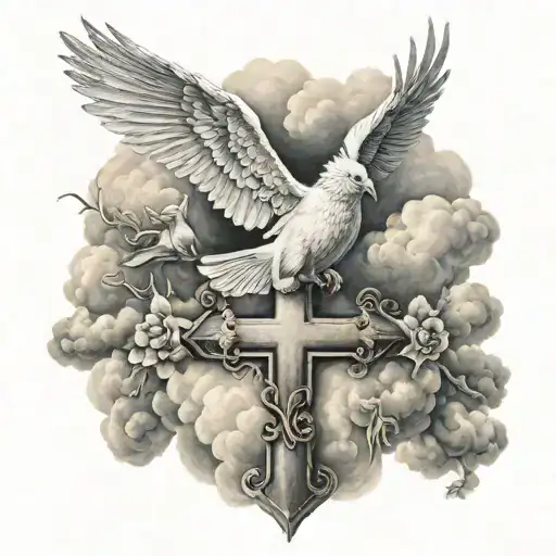 cross, 3 doves flying, clouds surrounding tattoo design idea