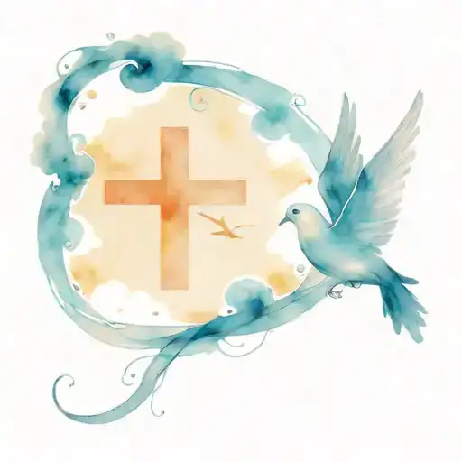 cross with infinite cross around it, 3 background doves flying, clouds surrrounding  tattoo design idea