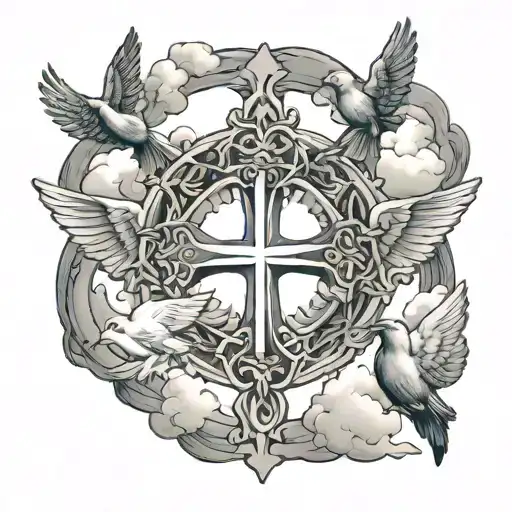 cross with infinite cross around it, 3 background doves flying, clouds surrrounding  tattoo design idea