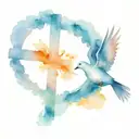 cross with infinite cross around it, 3 background doves flying, clouds surrrounding  tattoo design idea