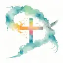 cross with infinite cross around it, 3 background doves flying, clouds surrrounding  tattoo design idea