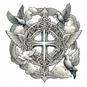 cross with infinite cross around it, 3 background doves flying, clouds surrrounding  tattoo design idea